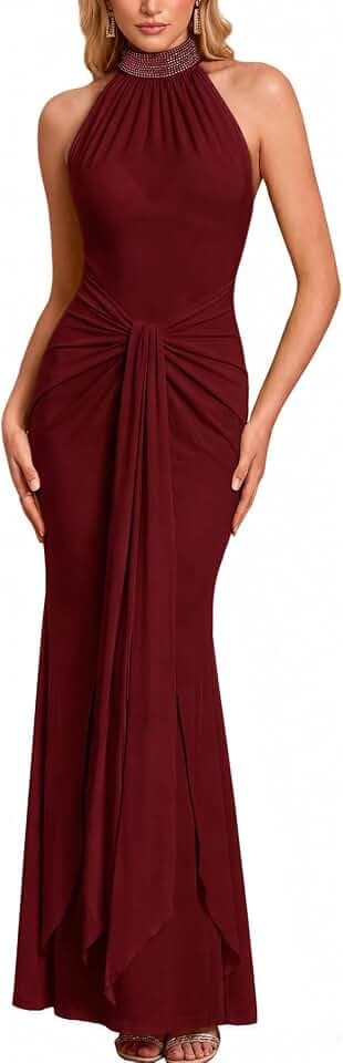 Womens Summer Dresses Halter Neck Sleeveless Knotted Waist Bodycon Dress Wedding Guest Maxi Dresses