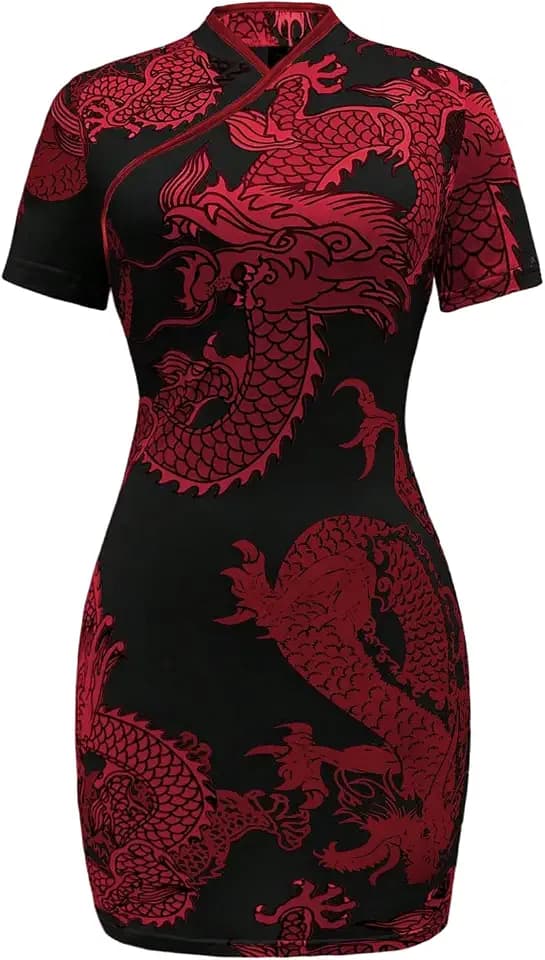 SOLY HUX Women's Chinese Dress Dragon Print Qipao Bodycon Mini Dress