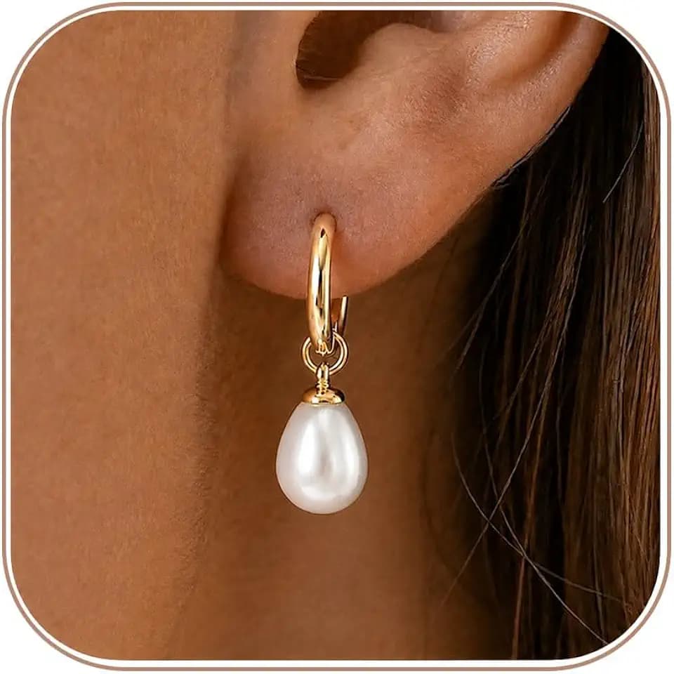 Gold Pearl Drop Earrings for Women Pearl Dangle Huggie Hoops
