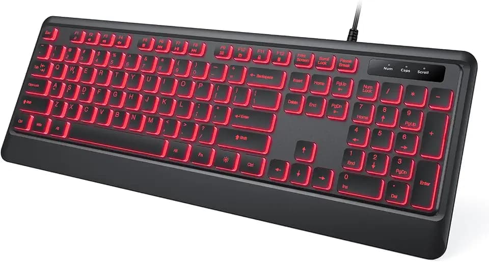 KOPJIPPOM Backlit Wired Keyboard, USB Lighted Computer Keyboards with 7 Colors Backlight, Full Size Silent Keyboard with Media Hotkey for Windows Desktop, PC, Laptop (Black, M)