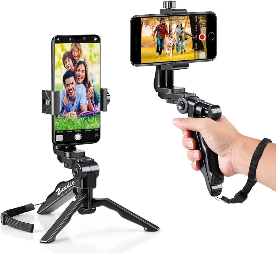 Zeadio Mini Handy Stativ Kits, Tischstativ Griff Stabilisator mit Handyhalterung, Passend für alle iPhone und Android Smartphones