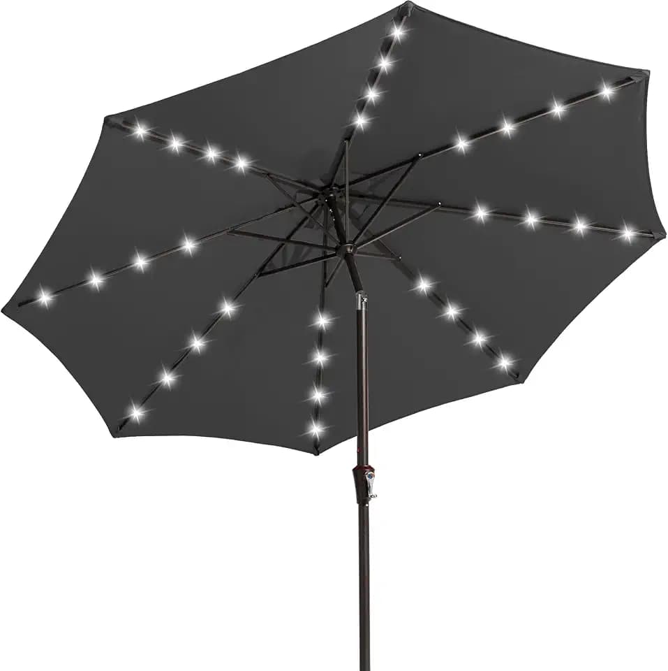 JEAREY 9' Patio Umbrella with Solar Lights, LED Umbrella, Dark Gray