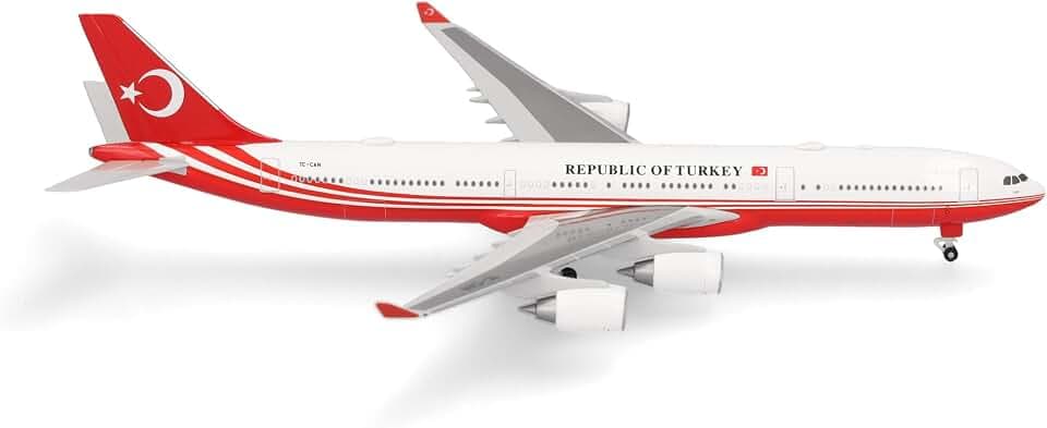 Herpa Modellflugzeug Turkey Government Airbus A340-500, Miniatur im Maßstab 1:500, Sammlerstück, Flugzeug Modell ohne Standfuß, Metall