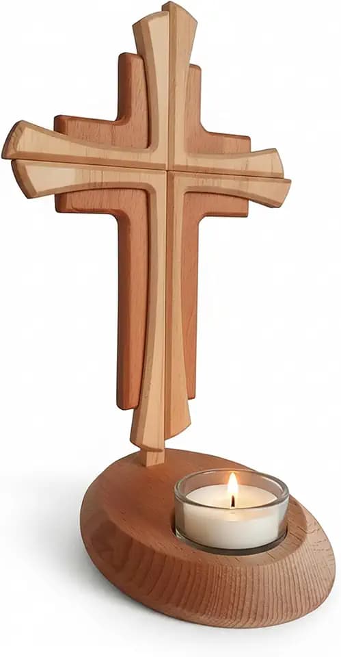 Modernes Echtholz Kreuz mit Kerzenhalter – 25 cm Standkreuz aus Buche & Ahorn – Christliche Geschenkidee zur Kommunion, Taufe, Firmung & Weihnachten