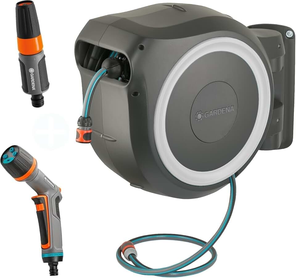 Gardena Wand-Schlauchbox RollUp L (weiß) 30 m exklusiv für Amazon: Schwenkbare Schlauchbox, integrierte Schlauchführung, inkl. 30 m Gardena Qualitätsschlauch, Reinigungsspritze und Brause (18627-38)
