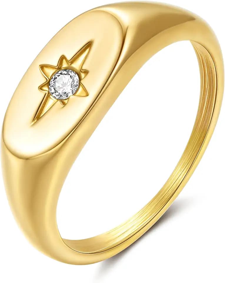 YeGieonr Gold Rings for Women Non Tarnish, 18K Gold Plated Stainless Steel North Star Signet Ring, Waterproof Dainty Pinky Statement Ring, Tarnish Free Gold Jewelry for Women