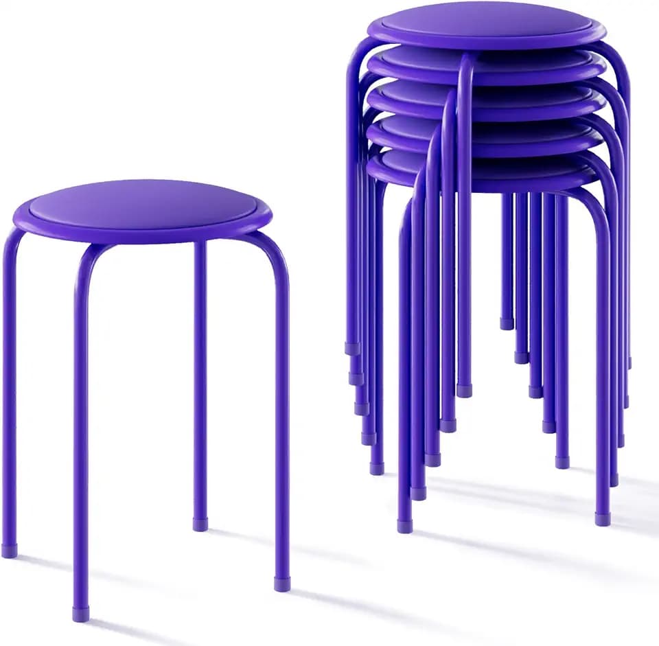 VECELO 6-Piece Stacking Stools, 17 Inch Standard Height, Padded Seat & Steel Legs, Portable Stackable Decoration Stools for School Classroom and Office Use, Purple