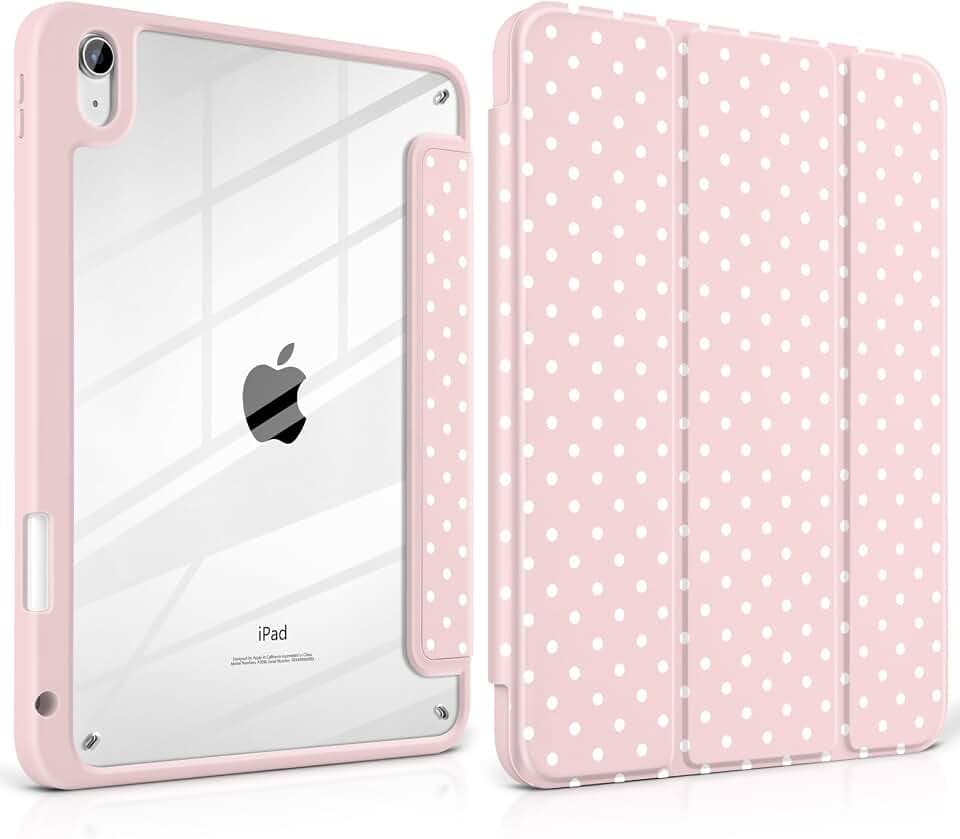 Case for iPad A16 11th Generation 11 inch 2025, iPad 10th Generation 10.9 inch 2022 -[Built-in Pencil Holder], Shockproof Clear Hard Back, Trifold Stand, Auto Wake/Sleep, Pink White dot