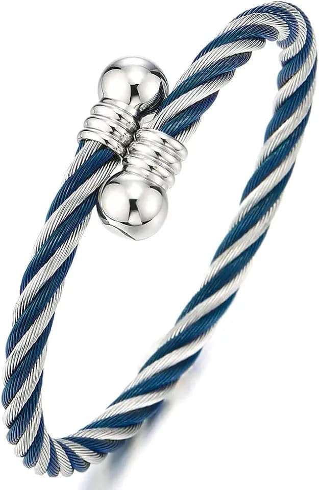 COOLSTEELANDBEYOND Elastic Adjustable Steel Twisted Cable Cuff Bangle Bracelet for Mens for Women