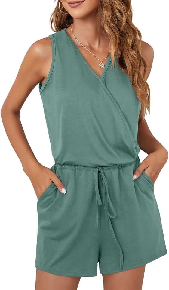 Sommer Jumpsuit Damen Elegant V-Ausschnitt Playsuit Casual Overalls Kurz Romper einfarbiges Hosenanzug