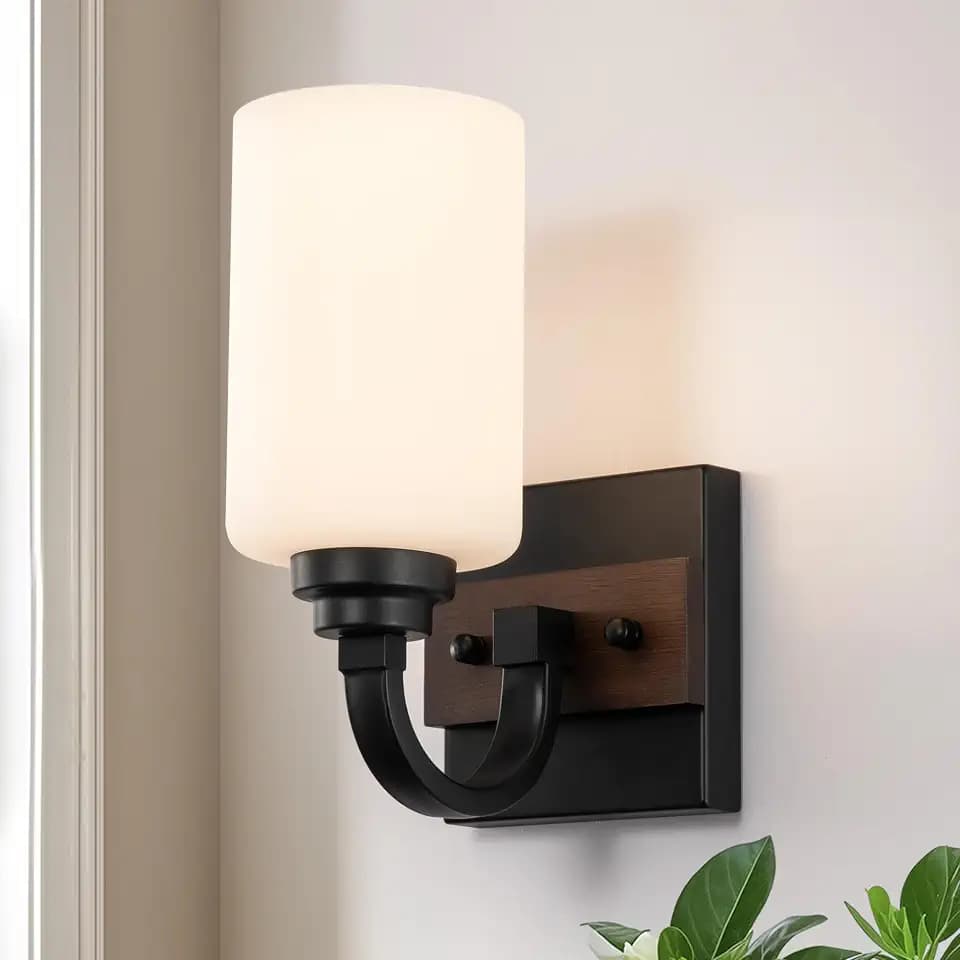 Mecgirn 1-Light Milk Glass Wall Sconces, Farmhouse Vanity Light Fixtures for Bathroom, Black and Wood Wall Lighting, Wall Sconce for Hallway, Entryway, Bedroom, Living Room