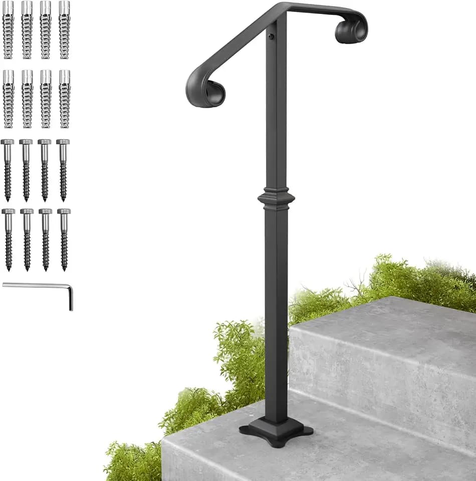 SPACEEUP Single Post Handrail, 1 or 2 Steps Handrails for Outdoor Steps, Rust-Proof Wrought Iron Stair Railing for Seniors, Porch, Deck