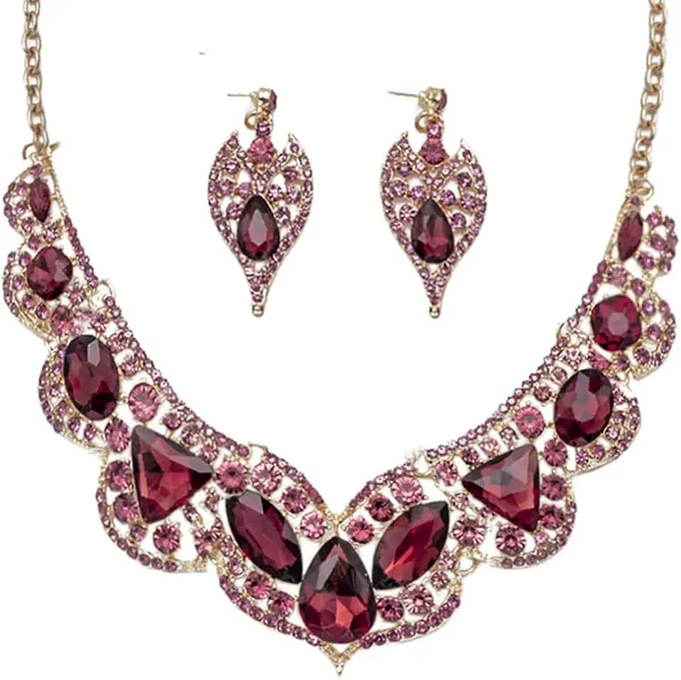 Custom Women's Fashion Jewelry Set Royatly Rhinestone Crystal Statement Rib Necklace Teardrop Dangle Earrings