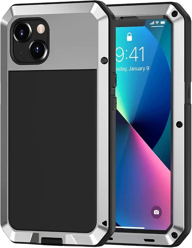 Lanhiem for iPhone 13 Metal Case, Heavy Duty Shockproof Tough Rugged Case with Built-in Glass Screen Protector, 360 Full Body Protective Cover for iPhone 13 6.1 inch, Silver