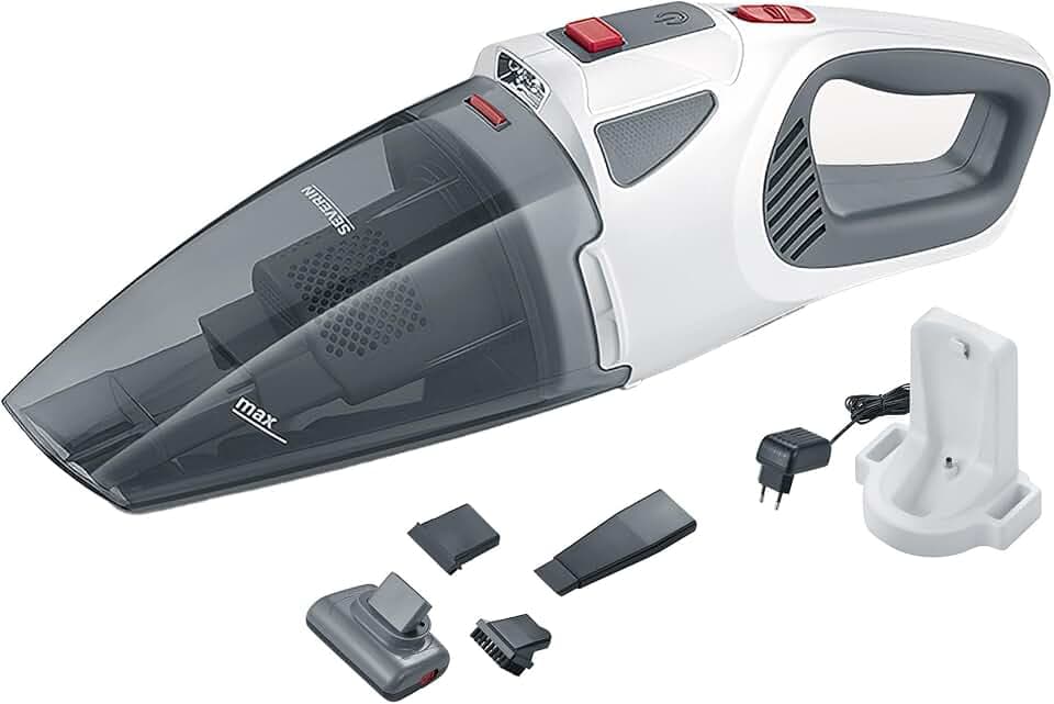 Severin 4-in-1 Akku-Handstaubsauger, kabelloser Nass- & Trockensauger für Autositze, Handsauger für Tierhaare & Flüssigkeiten, bis zu 30 Min Laufzeit im Eco-Mode, weiß-graurot, HV 7146