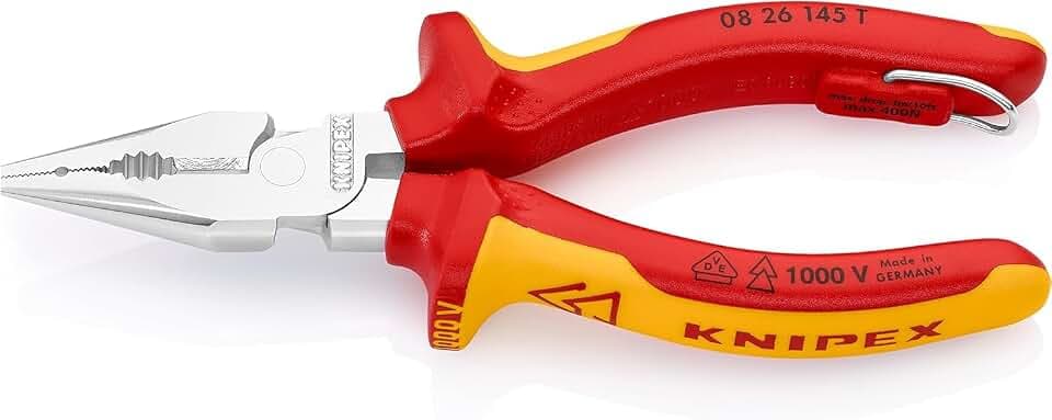 KNIPEX Spitz-Kombizange verchromt isoliert, 08 26 145 T | Mit Mehrkomponenten-Hüllen, VDE-geprüft; mit integrierter isolierter Befestigungsöse zum Anbringen einer Absturzsicherung