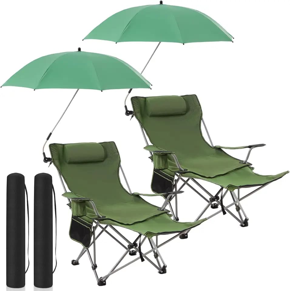 Yuntau 2 Set Reclining Beach Chairs with UPF 50+ Umbrellas Shade, Upgraded Heavy Duty Portable Folding Lounge Camping Chair with Canopy Removable Footrest & Headrest for Outdoor Patio(Green)