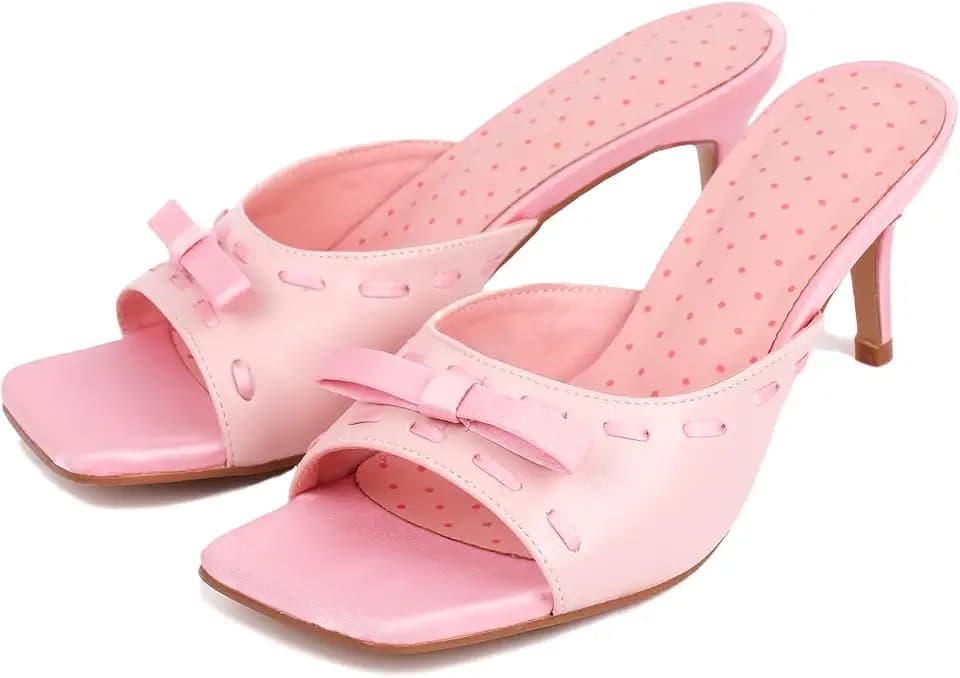 KISTANIA Women's Kitten Heels with Bows Polka Dots Stiletto Mules Square Open Toe Slip On Low Heel Sandals