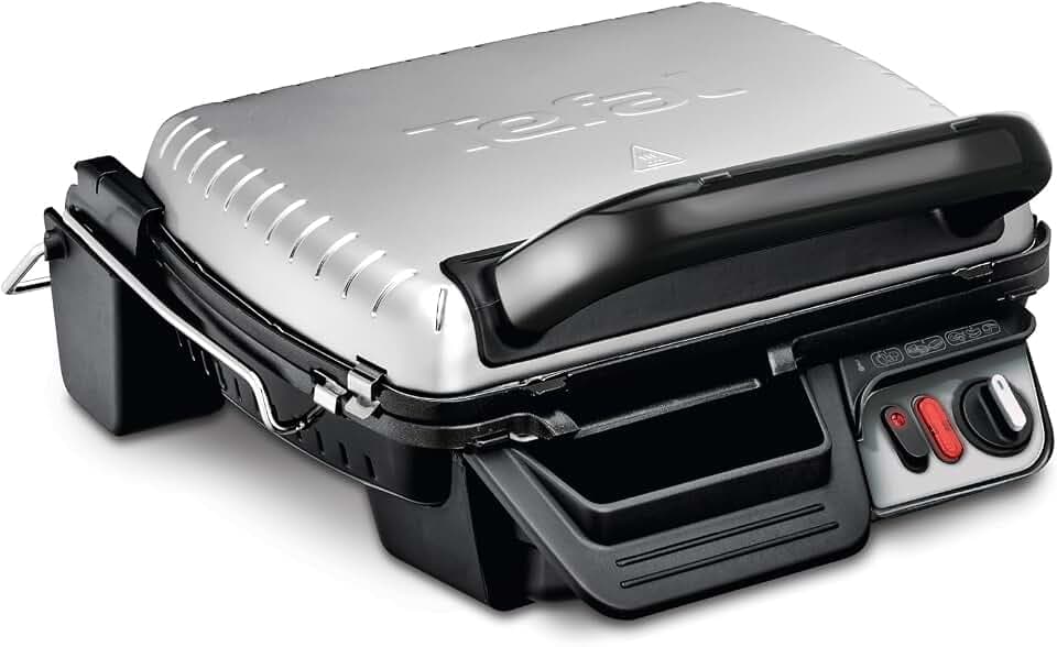 Tefal 3in1 Kontaktgrill, mit Überback-Funktion, doppelte Grillfläche wenn aufgeklappt als Tischgrill/BBQ, Sandwich, Steak, Panini, regelbarer Thermostat, antihaftbeschichtet, Grau, GC3060