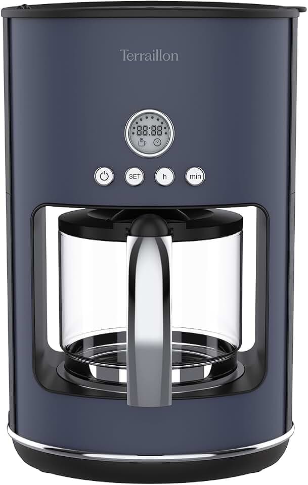 Terraillon - New Moon Elektrische Filterkaffeemaschine, programmierbar, Glaskanne, 1080 W, Fassungsvermögen 1,25 l, Warmhaltefunktion, Anti-Tropf-Funktion, abnehmbarer Filter, Korpus aus lackiertem