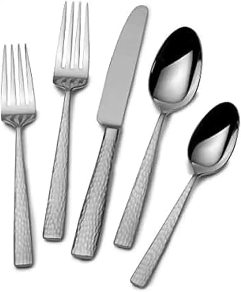Mikasa Oliver Flatware Set, 65-Piece Service for 12, 18/10 Stainless Steel Silverware with Hammered Design and Satin Finish, Dishwasher Safe Cutlery Set