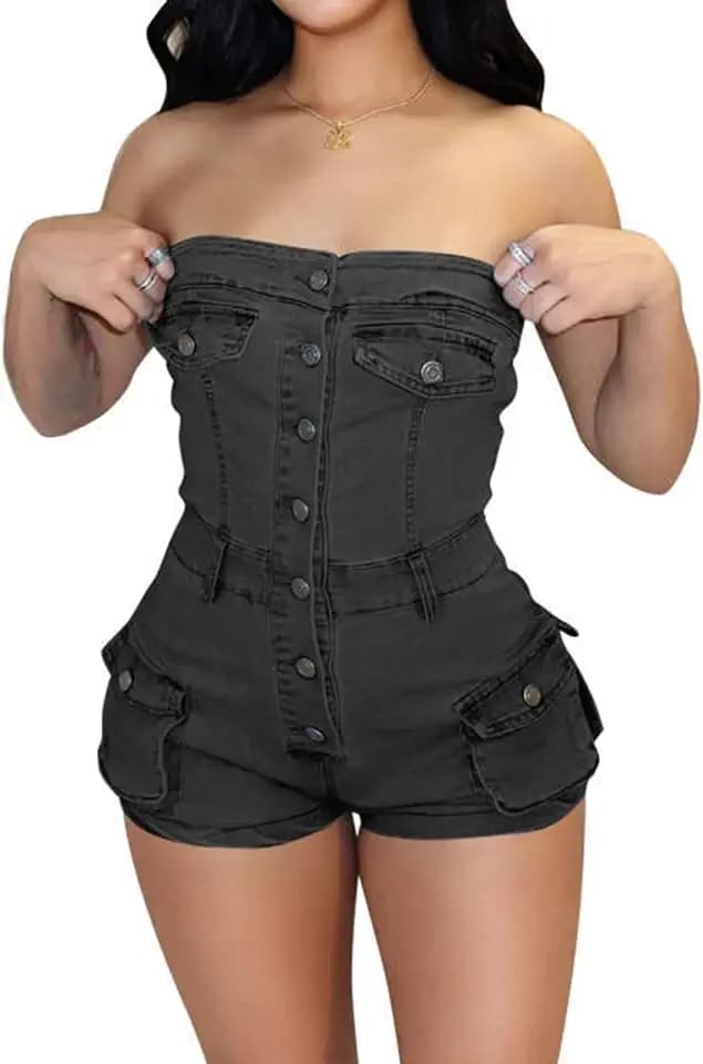 Kwunbwa Denim Shorts Romper for Women Strapless One Piece Jean Jumpsuit