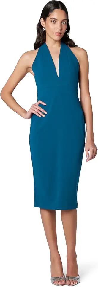 Dress The Population Womens Vanessa Deep Plunge Neckline Halter Bodycon Midi Dress