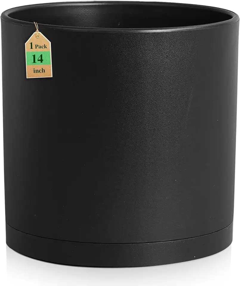WSMKSZ 14 Inch Heavy-Duty Cylinder Deep Planter for Indoor Outdoor Plants, Tall Large Plastic Plant Pot with Drainage Holes and Saucer, Decorative Flower Pot for Patio Garden, Black