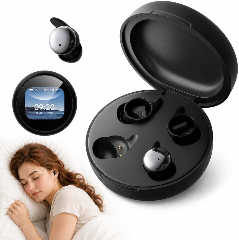 NE90 Schlafkopfhörer für Seitenschläfer, Mini Bluetooth 6.0 Kopfhörer zum Schlafen mit Smart-Touchscreen-Case, Sleep-Timer, Dual-Bluetooth, 18 Std. Akku, KI-Übersetzung in 160+ Sprachen