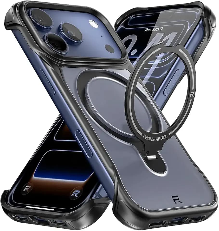 REBEL Translucent Clear Case for iPhone 17 Pro 6.3” [Frosted Flex Series] Exposed Sides for Comfort, Strong MagSafe Compatible, Built-In Metal Kickstand, Protective Upgraded Frameless Cover 2025 Phone