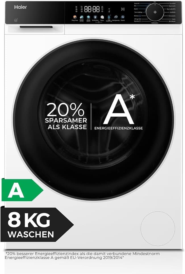 Haier Frontlader Waschmaschine 8kg I G5 Serie I A -20%, 1.400 U/Min., leiser Inverter-Motor, Automatik- und Expressprogramm, Aquastop, Hygiene-Technologien, Wi-Fi I HW80-BP14657TU1