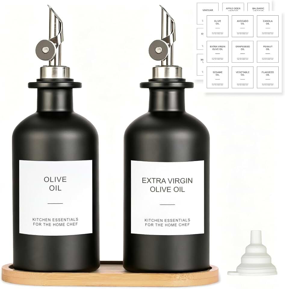 VINATO 2 Stücke Essig öl Flaschen Set, 500ml Öl Und Essig Spender Set mit Bambus Untersetze,Trichter*1, Aufkleber*18, Oil Dispenser, Olivenöl Flaschen für Küche Kaffee Bar
