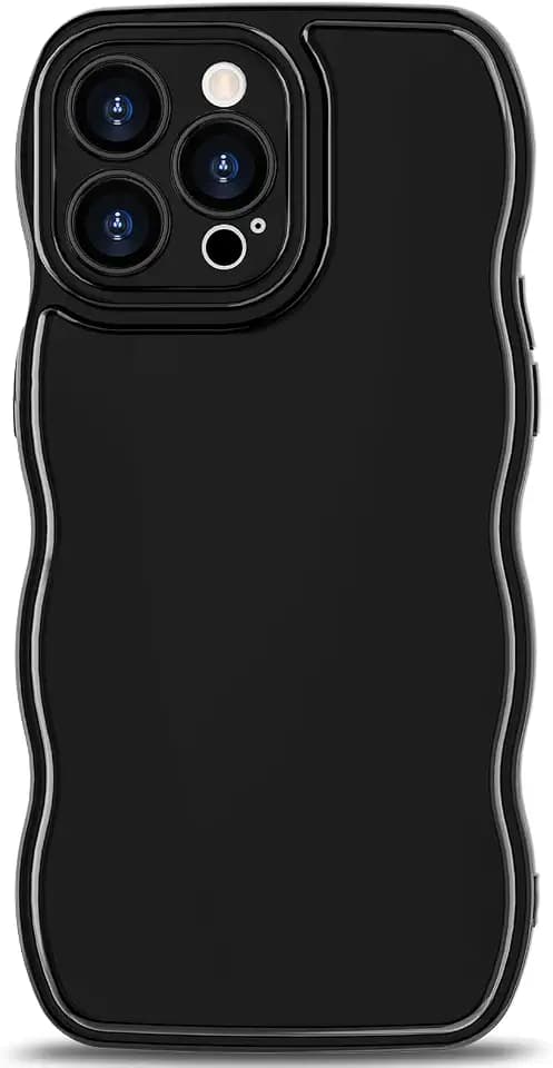 Anuck for iPhone 12 Pro Case Wave, Curly Frame Design for Women Girls, Cute Wavy Solid Color Aesthetic Phone Case Soft Flexible TPU Shockproof Full-Body Protective Cover 6.1"-Glossy Black