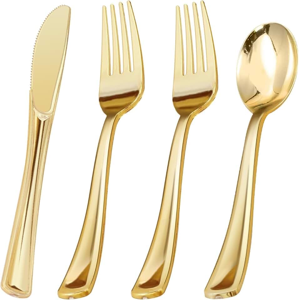BESTVIP 60PCS Gold Heavy Duty Plastic Silverware Disposable Cutlery Set