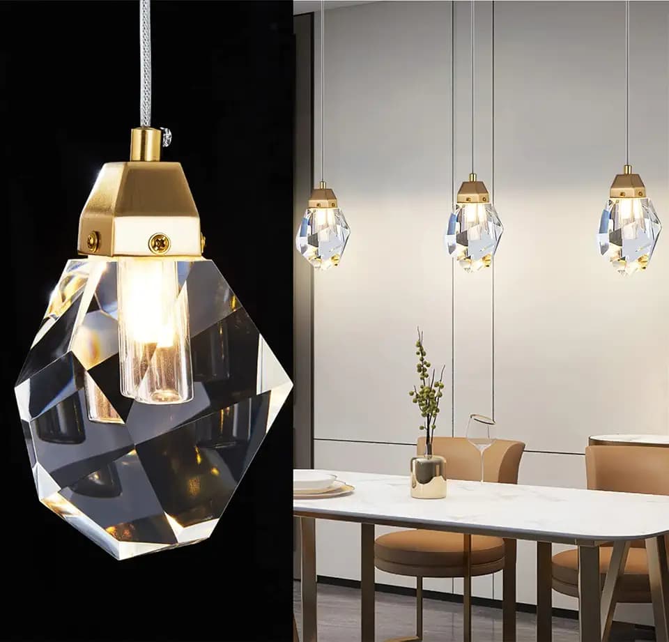 2-Pack Crystal Pendant Lights, Mini Gold Brass LED Ceiling Light