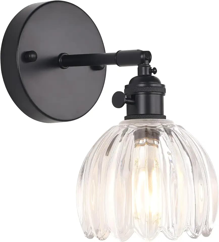 Shenmoyl Vintage Wall Sconce with Transparent Tulip Glass Lampshade 180 Degree Adjustable Black Sconce Hradwired Modern Wall Lighting Fixture with Switch for Bedside Bedroom Doorway