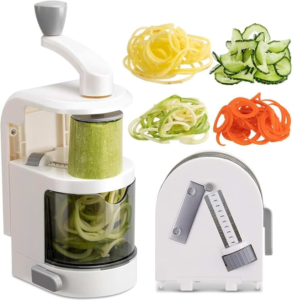 Badelite Vegetable Spiralizer 4-IN-1 Rotating Blade Veggie Spiralizer Zucchini Noodle Maker with Strong Suction Cup Spiral Vegetable Cutter Slicer - White