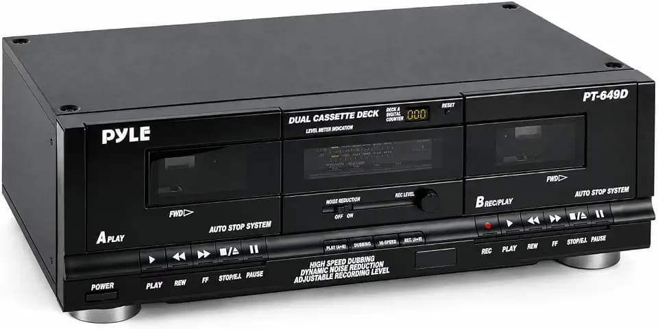 PyleUsa Dual Cassette Deck | Music Recording Device with RCA Cables | Removable Rack Mounting Hardware | CrO2 Tape Selector | Built-in 3 Digit Tape Counter - 110V/220V