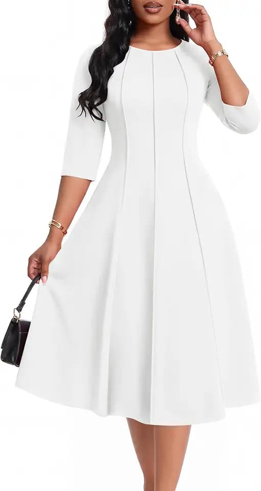 CLOCOR Womens 3/4 Sleeve Semi Formal Church Midi Dress with Pockets