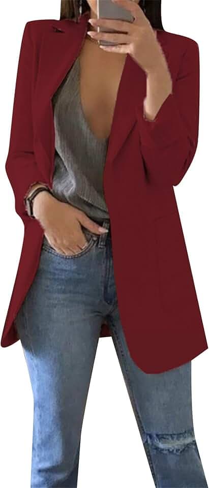 OMZIN Damen Anzugjacke Revers Freizeitanzug Langarm Büro Anzug Blazer Open Front Büro Arbeit Business Anzugjacke XS-4XL