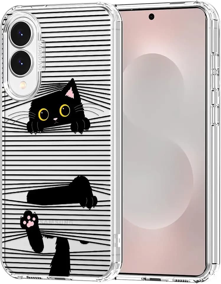 MOSNOVO Case for Samsung Galaxy S25 Edge, [Buffertech 6.6ft Military-Grade Drop Protection] [Anti Peel Off Tech] Clear TPU Bumper Phone Case Cover Design - Hidden Black Cat
