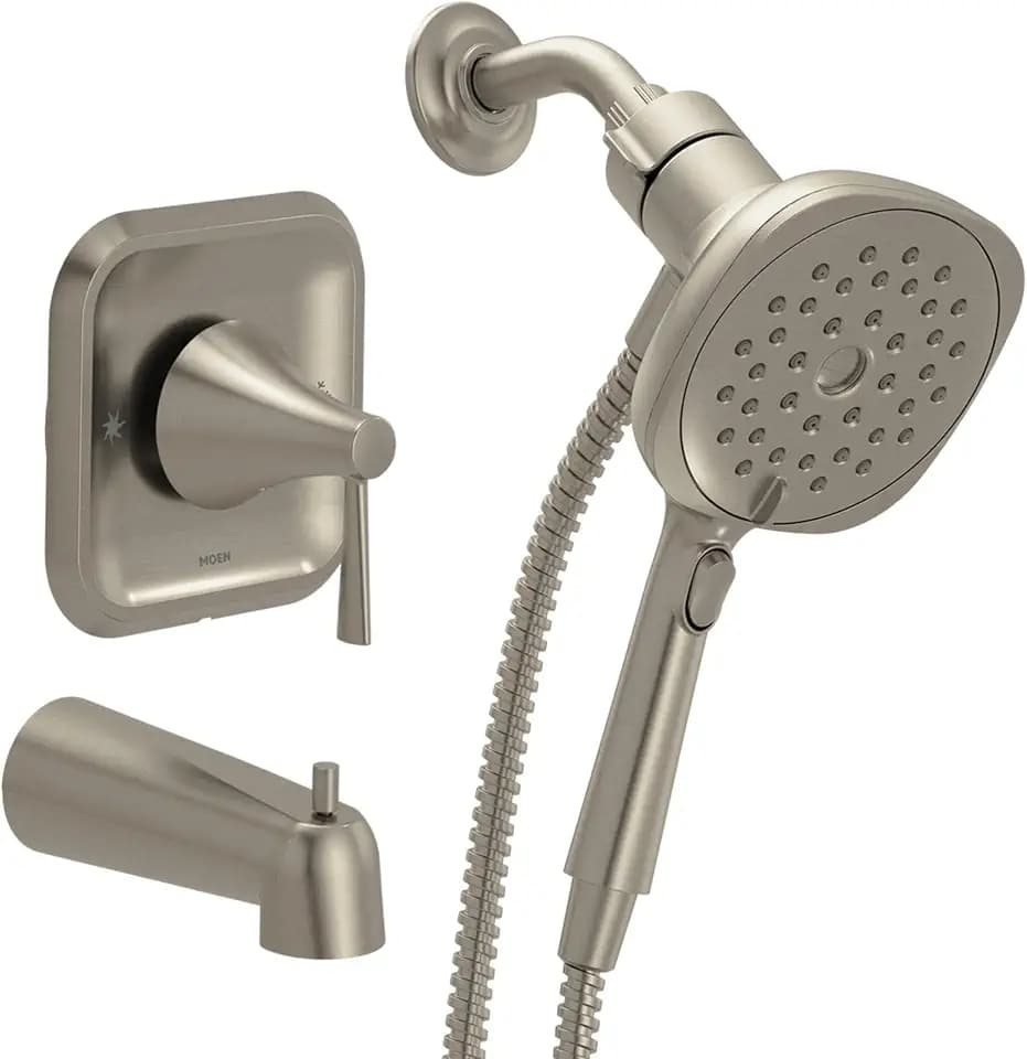 Moen Ronan Spot Resist Brushed Nickel Single-Handle Modern Tub and Shower Faucet with Square Handheld Rain Shower Spray Head Featuring Magnetix, Valve Included, 82022SRN