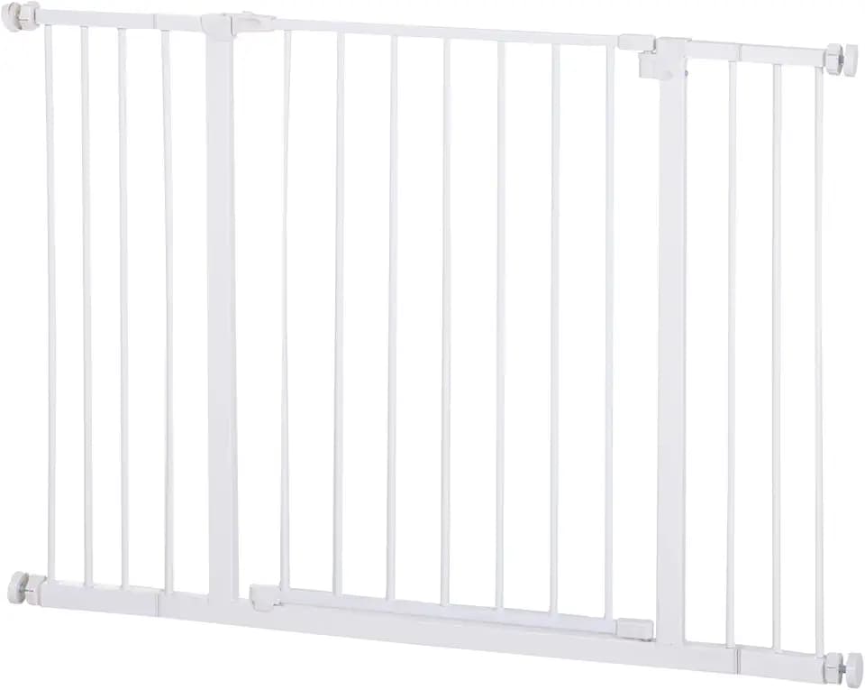 PawHut Ausziehbare Sicherheitsbarriere für Türen und Treppen Metallbarriere für Hunde und Babys Barriere für Haustiertüren 76-107x76 cm Weiß