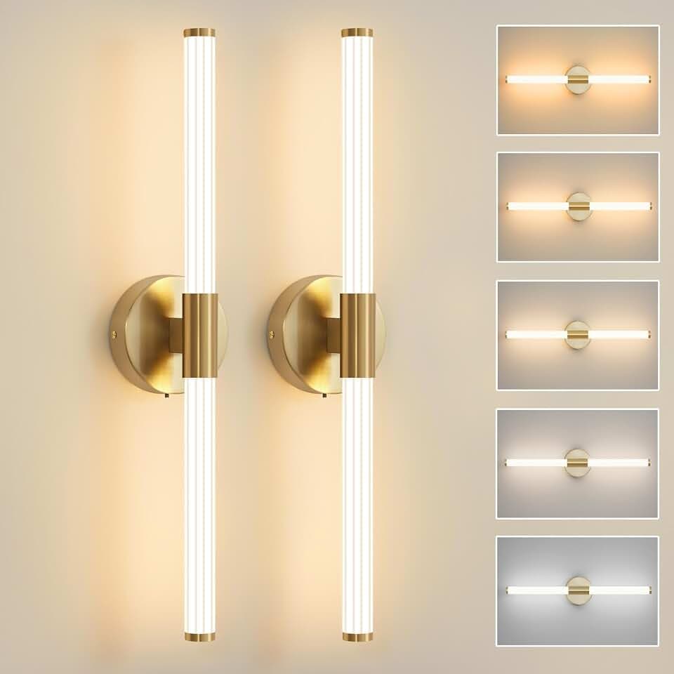 Gold Wall Sconces Set of Two Hardwired LED Vanity Light 23"