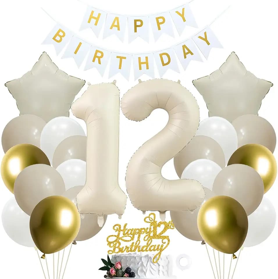 12. Geburtstag Deko für Mädchen und Jungen - Goldene Party Deko mit Kuchen Toppern