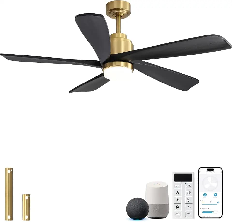 Sofucor 52 Inch Smart Wood Ceiling Fan with Lights, 5 Blades, Gold+Black