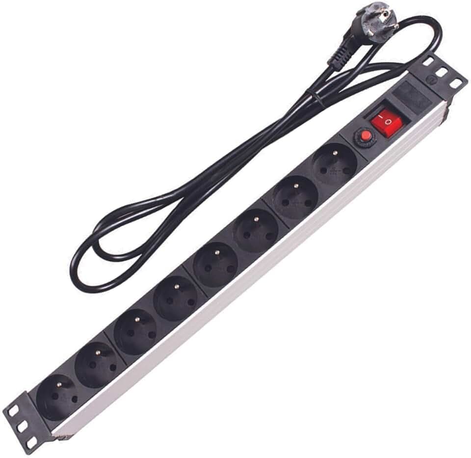 Perel PDU-Steckdosenleiste 8-Fach, Typ-E-Steckdosen mit Erdungsstift, 19 Zoll Rack, 3680 W 16 A, Schalter, Überspannungsschutz, 2,15 m Kabel, Stromverteiler für Serverschrank Büro IT