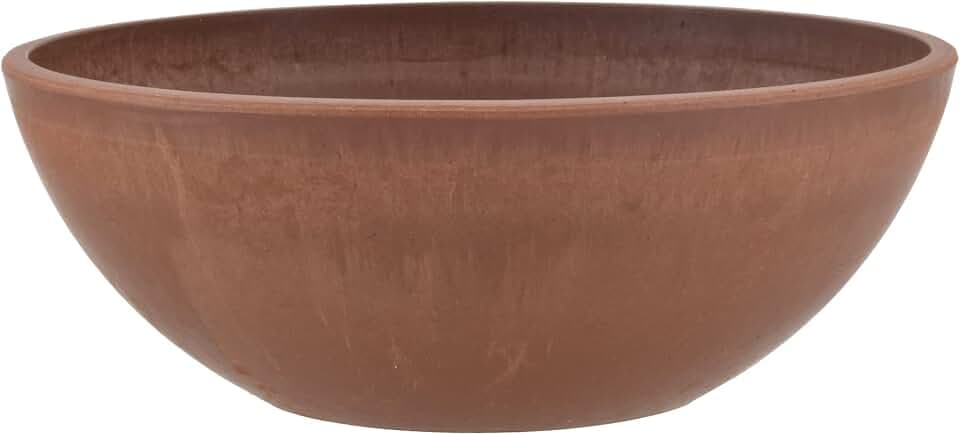 PSW Pot Collection 12-inch Large Plastic/Stone/Wood Composite Low Bowl Planter – No Drainage Hole (Drillable), Shallow Indoor/Outer Pot for Succulents, Bonsai, Fairy Gardens, Herbs, Terra Cotta Color