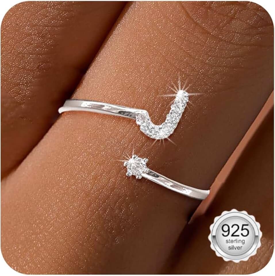 Maynor A-Z Buchstaben Ring Silber 925 Damen Cubic Zirkonia Wasserfeste Ringe – Verstellbare Rings von Größe 50 bis 60 Daumenring Fingerring Initialen Schmuck