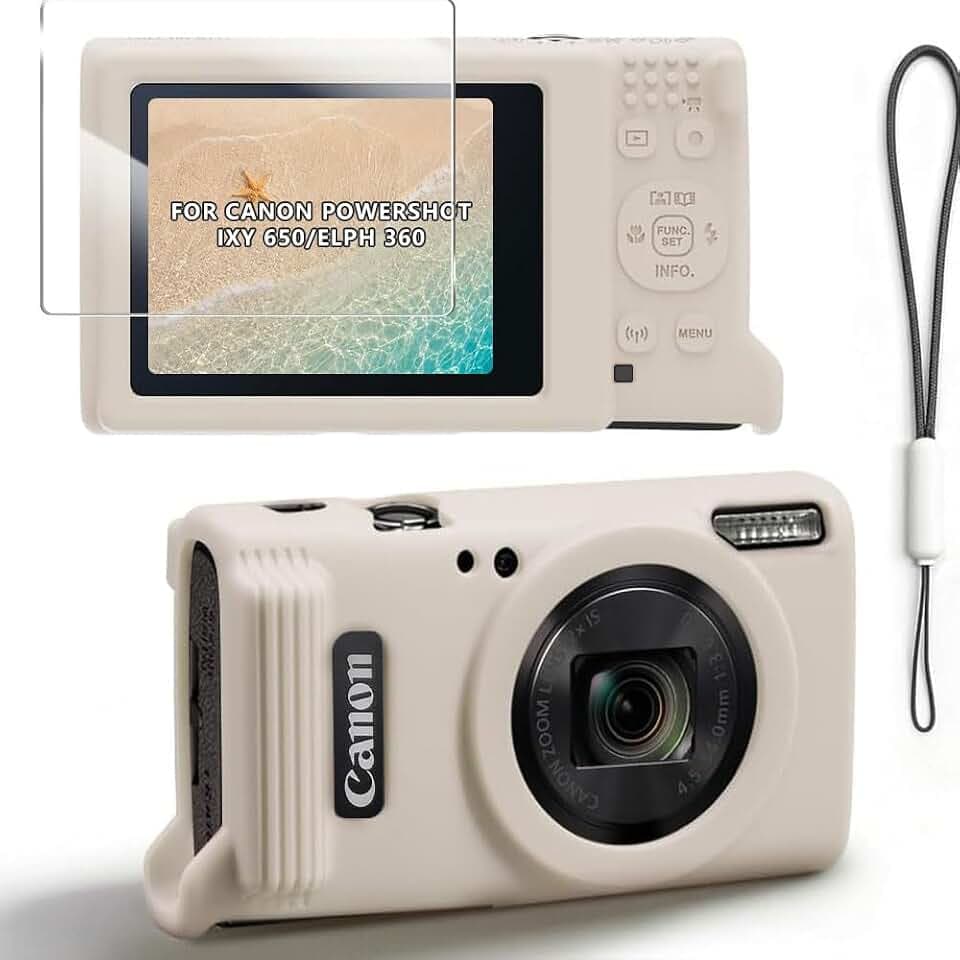 Silicone Case for Canon PowerShot ELPH 360/IXY 650 with Screen Protector and Lanyard,Soft Anti-Scratch Camera Cover,Slim Carrying Protective Camera Body Skin Sleeve - Off White